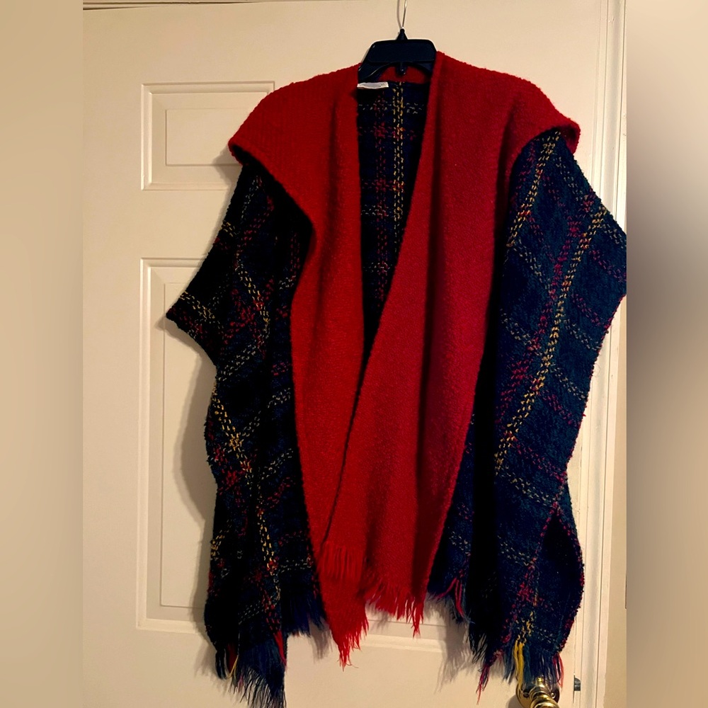 Vintage Made In Ireland Plaid Sweater Shawl Poncho & Scarf Versatile 2 Pc Set